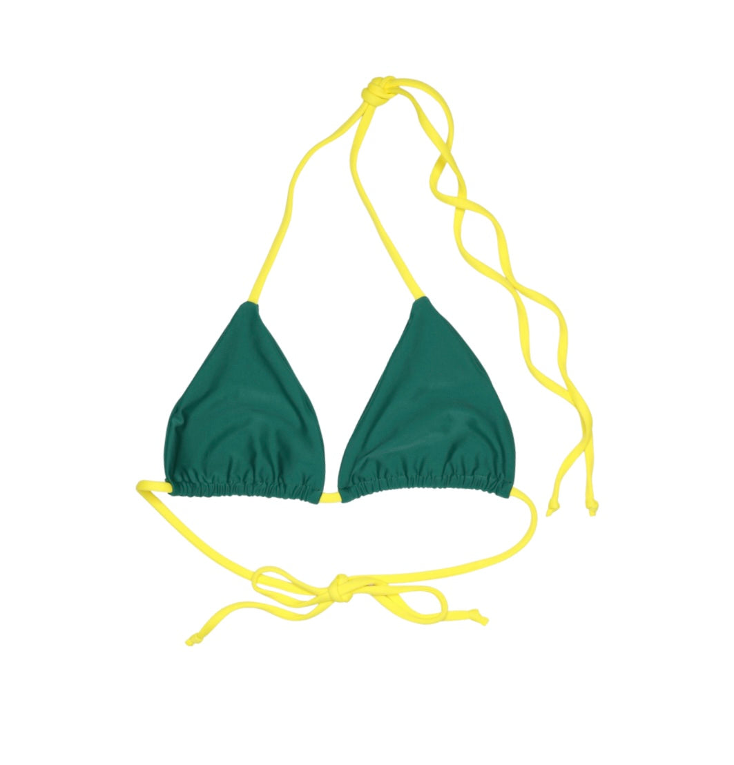 Handmade seamless triangle bikini top in evergreen with aurora strings, adjustable fit swimwear