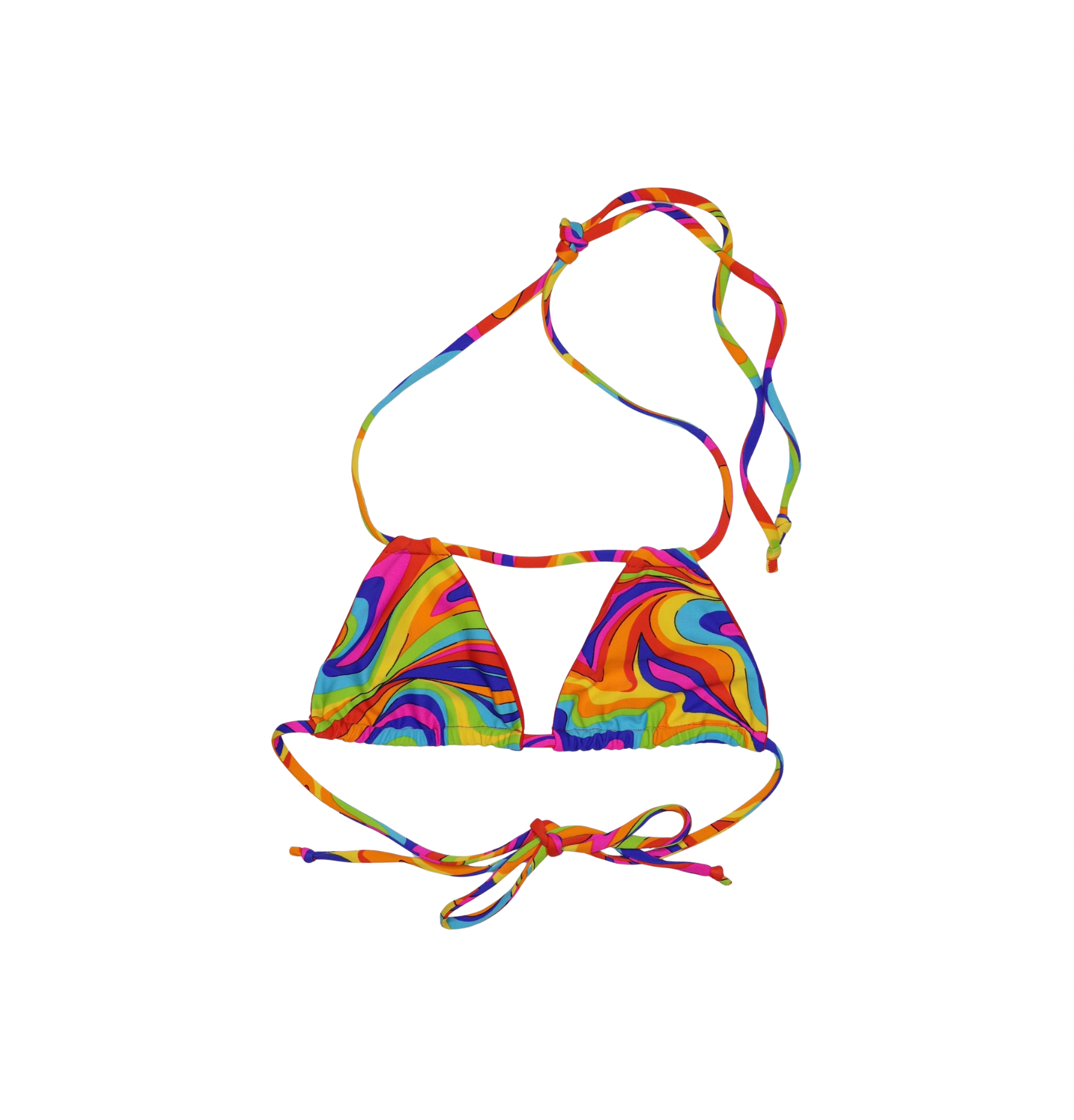 Siren Glow multicolor swirl bikini top with multiple tie styles, handmade swimwear